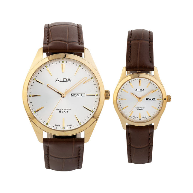 Alba AN8094X1_AJ6198X1 Couple Silver Dial Brown Leather Strap