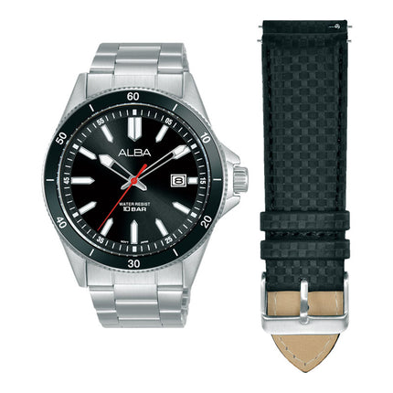 Alba Active AS9V37X2 Men Black Dial Stainless Steel Strap + Extra Strap