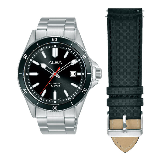 Alba Active AS9V37X2 Men Black Dial Stainless Steel Strap + Extra Strap