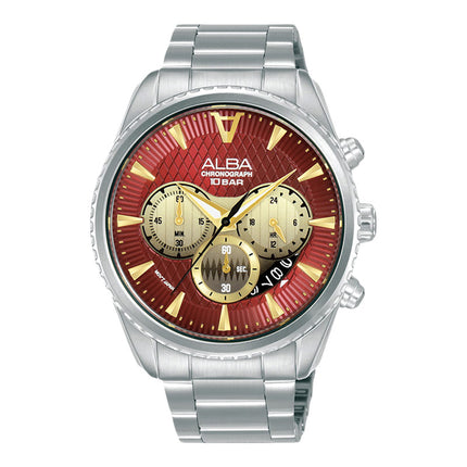 Alba Signa AT3J11X1 Chronograph Men Maroon Light Gold Gradation Patterned Dial Stainless Steel Strap