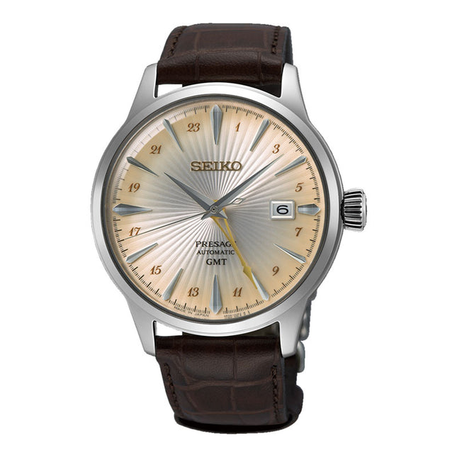 Seiko Presage SSK041J1 Cocktail Time GMT Acacia Ivory Dial Brown Leather Strap