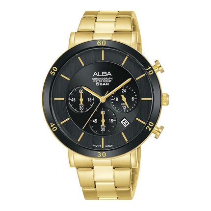Alba Prestige AT3F62X1 Chronograph Men Black Dial Gold Stainless Steel Strap
