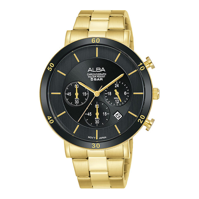 Alba Prestige AT3F62X1 Chronograph Men Black Dial Gold Stainless Steel Strap