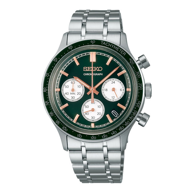 Seiko Chronograph SSB481P1 Men Discover More Reverse Panda Green Dial Stainless Steel Strap