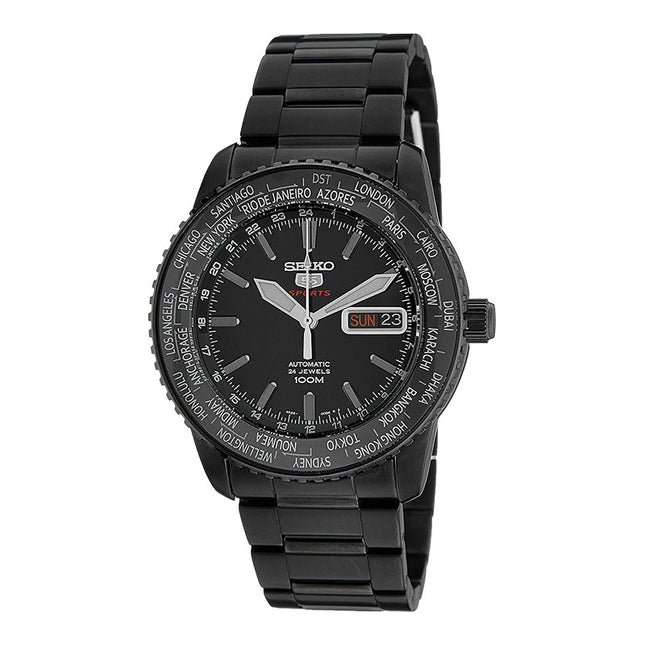 Seiko 5 Sports SRP129K1 World Time Automatic Black Dial Black Stainless Steel Strap