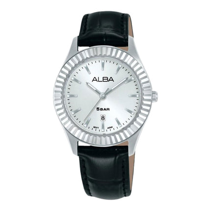 Alba Fashion AH7FH1X1 Ladies Analog Silver Dial Black Leather Strap