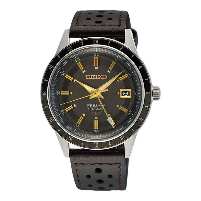 Seiko Presage SSK013J1 Style60s Automatic GMT Brown Dial Brown Leather Strap