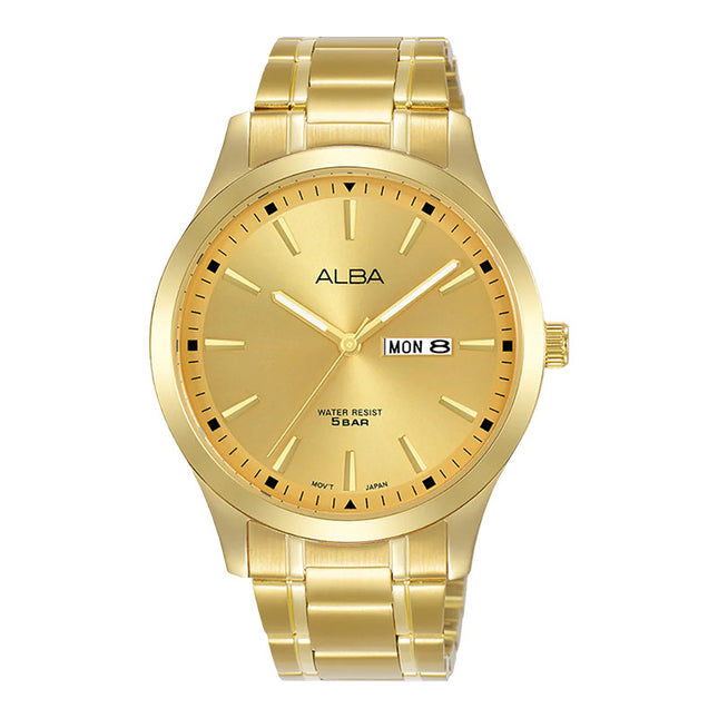 Alba Prestige AJ6148X1 Men Gold Dial Gold Stainless Steel Strap