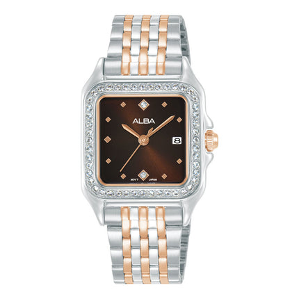 Alba Fashion AH7FE5X1 Ladies Analog Brown Dial Dual Tone Stainless Steel Strap