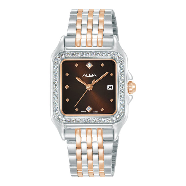 Alba Fashion AH7FE5X1 Ladies Analog Brown Dial Dual Tone Stainless Steel Strap