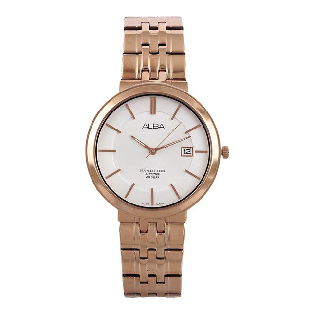 Alba Prestige AS9D70X1 Sapphire Crystal Man White Dial Rose Gold Stainless Steel Strap
