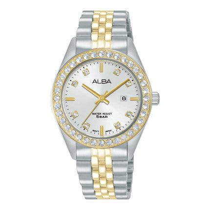 Alba Fashion AH7FD8X1 Ladies Analog Silver Dial Dual Tone Stainless Steel Strap
