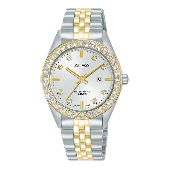 Alba Fashion AH7FD8X1 Ladies Analog Silver Dial Dual Tone Stainless Steel Strap
