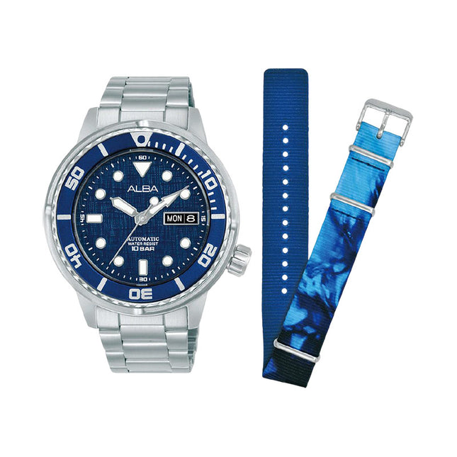 Alba Mechanical AL4779X2 Men Deep Blue Dial Stainless Steel Strap + Extra Strap