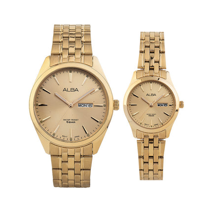 Alba AN8082X1_AJ6186X1 Couple Gold Dial Gold Stainless Steel Strap