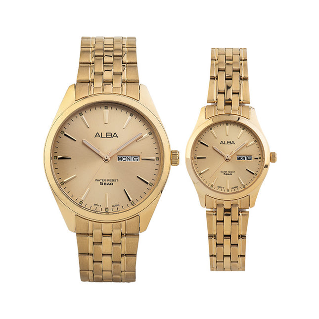 Alba AN8082X1_AJ6186X1 Couple Gold Dial Gold Stainless Steel Strap