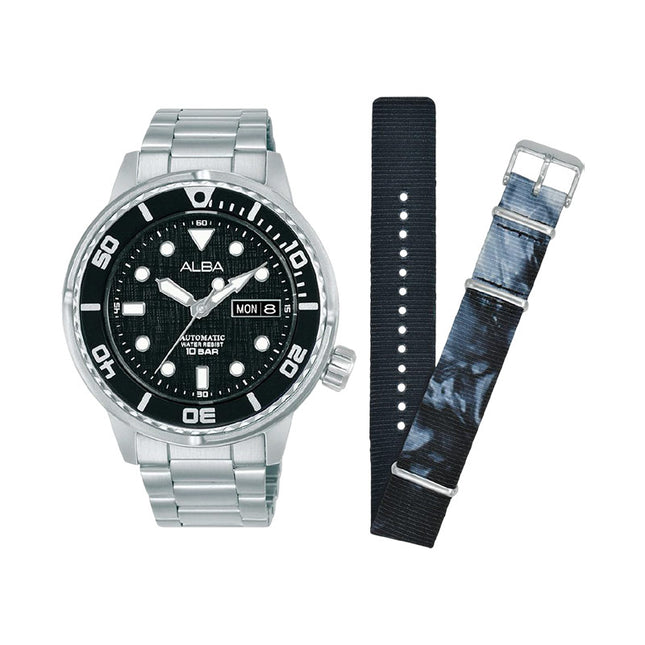 Alba Mechanical AL4777X2 Men Charcoal Black Dial Stainless Steel Strap + Extra Strap