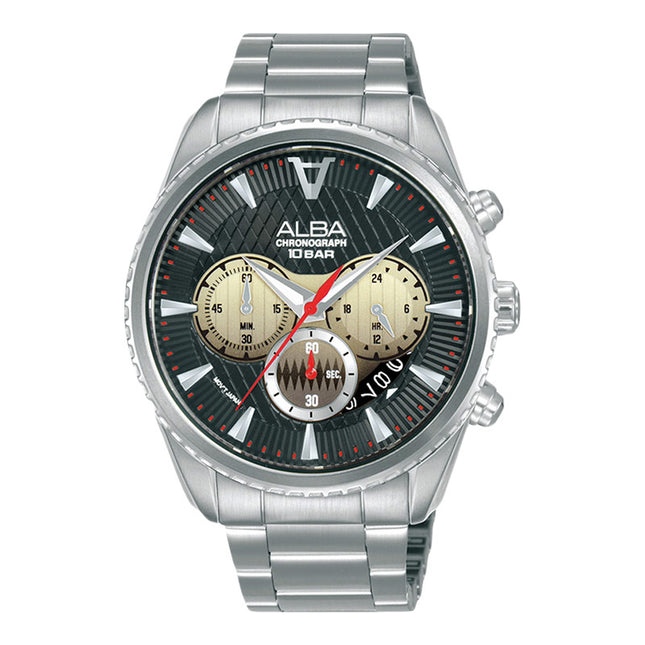 Alba Signa AT3J15X1 Chronograph Men Black Light Gold Gradation Patterned Dial Stainless Steel Strap
