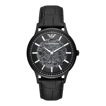 Emporio Armani Automatic AR60042 Men Black Skeleton Dial Black Leather Strap