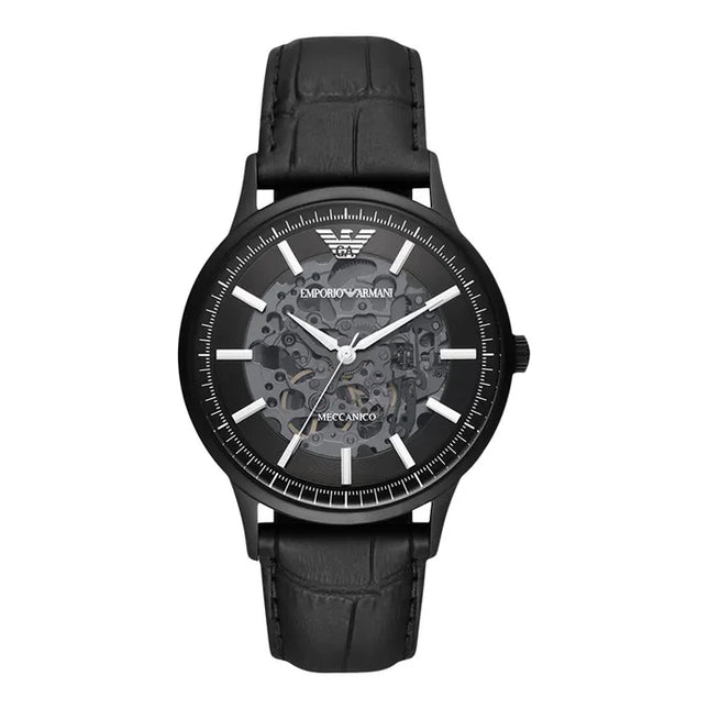 Emporio Armani Automatic AR60042 Men Black Skeleton Dial Black Leather Strap