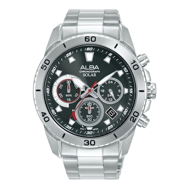 Alba Active AZ5015X1 Men Solar Chronograph Black Dial Stainless Steel Strap
