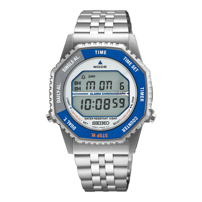Seiko SMGG21P1 Rotocall Reissue Digital Quartz Watch in Grey & Blue Stainless Steel Strap