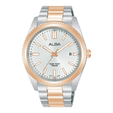 Alba Prestige AS9S62X1 Men Silver White Patterned Dial Dual Tone Stainless Steel Strap