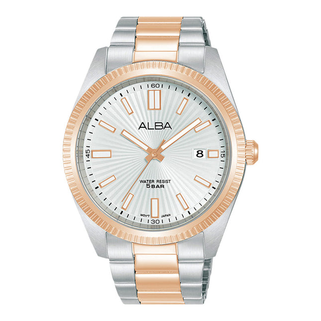 Alba Prestige AS9S62X1 Men Silver White Patterned Dial Dual Tone Stainless Steel Strap