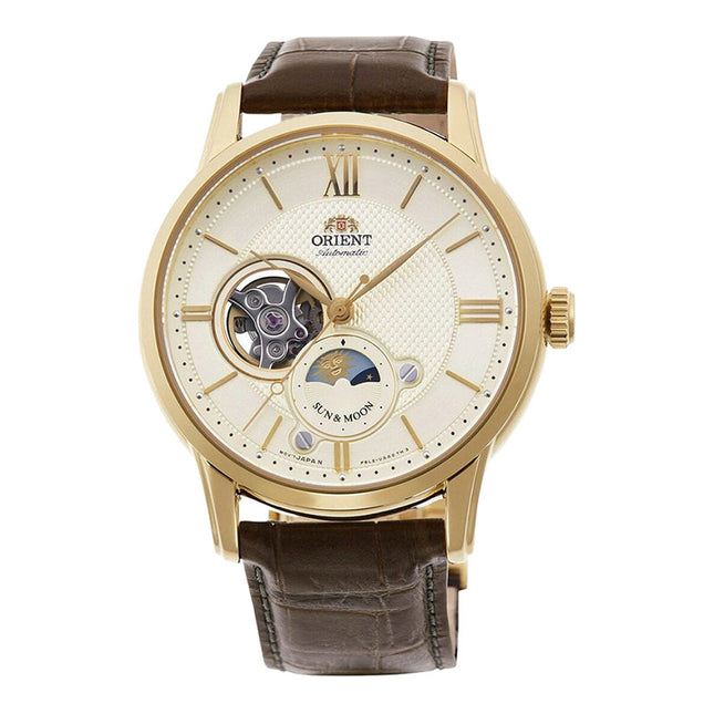 Orient RA-AS0010S Automatic Sun & Moon Beige Open Heart Dial Brown Leather Strap