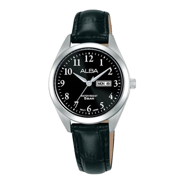Alba AN8129X1 Ladies Black Dial Black Leather Strap