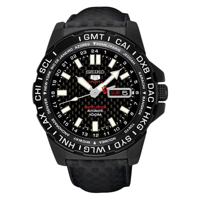 Seiko 5 Sports SRP723K1 Automatic Black Dial Black Leather Strap LIMITED EDITION