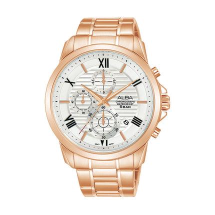 Alba Prestige AM3770X1 Chronograph Silver Pattern Dial Rose Gold Stainless Steel Strap