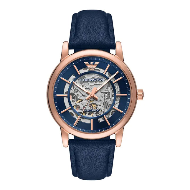 Emporio Armani Automatic AR60050 Meccanico Men Skeleton Dial Blue Leather Strap
