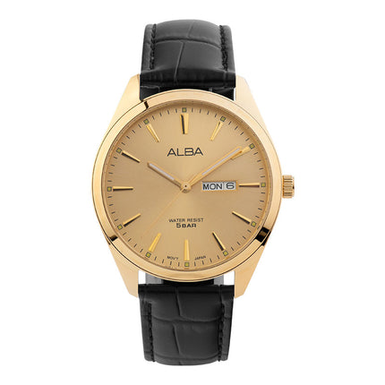 Alba AJ6196X1 Men Gold Dial Black Leather Strap