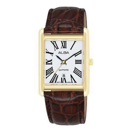 Alba Prestige AH7ET4X1 Tank Analog Silver Dial Brown Leather Strap