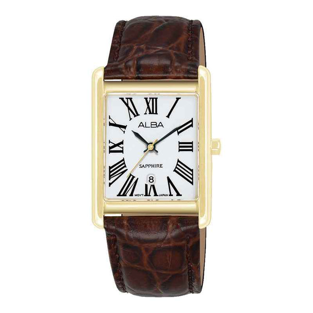Alba Prestige AH7ET4X1 Tank Analog Silver Dial Brown Leather Strap