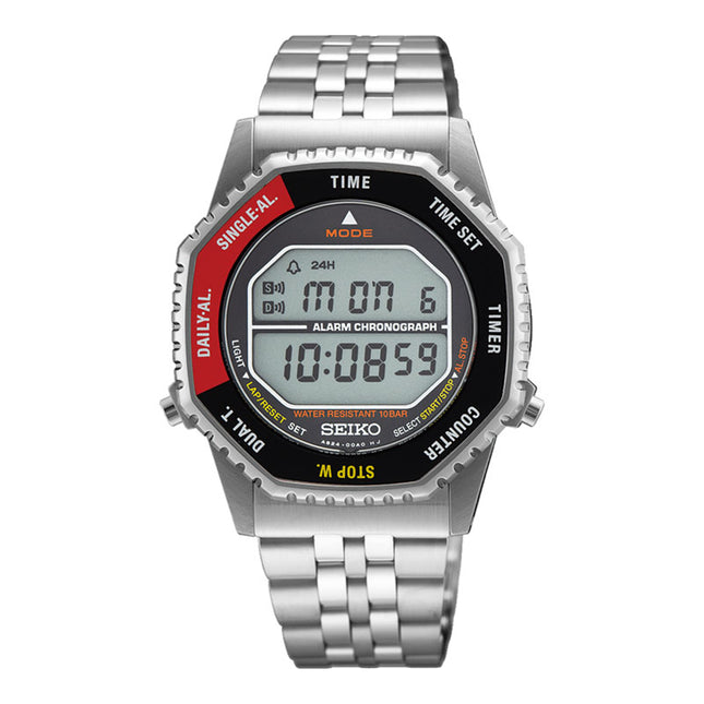 Seiko SMGG19P1 Rotocall Reissue Digital Quartz Watch in Red & Black Stainless Steel Strap