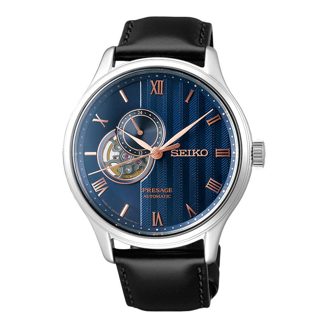 Seiko Presage SSA421J1 Zen Garden Sakura By Night Open Heart Blue Dial Black Leather Strap