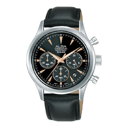 Alba Prestige AT3K75X1 Men Chronograph Black Dial Black Leather Strap