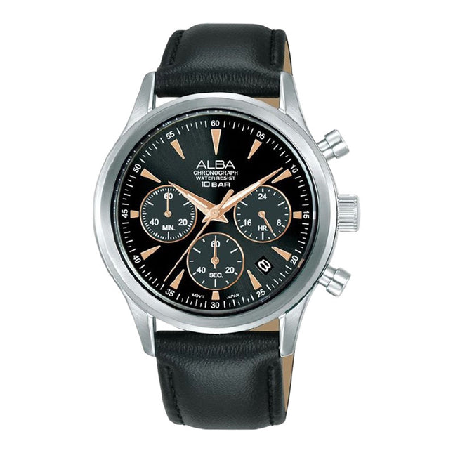 Alba Prestige AT3K75X1 Men Chronograph Black Dial Black Leather Strap