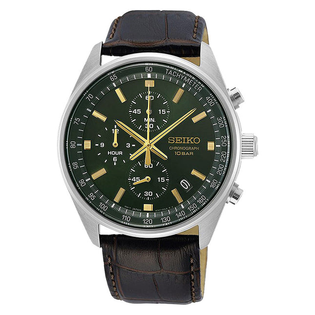 Seiko Chronograph SSB385P1 Green Dial Brown Leather Strap