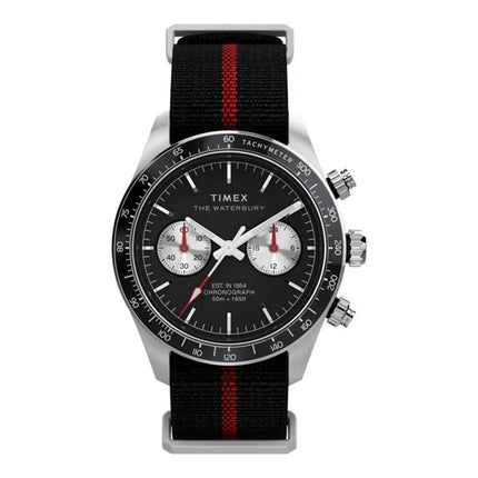 Timex Waterbury TW2Y38900 Men Heritage Chronograph Black Dial Black Fabric Strap