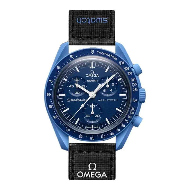 Swatch X Omega Bioceramic Moonswatch SO33N100 Mission To Neptune Speedmaster Blue Dial Velcro Strap