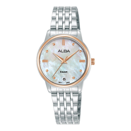 Alba Fashion AG8Q74X1 Ladies Analog White Mother of Pearl Dial Stainless Steel Strap