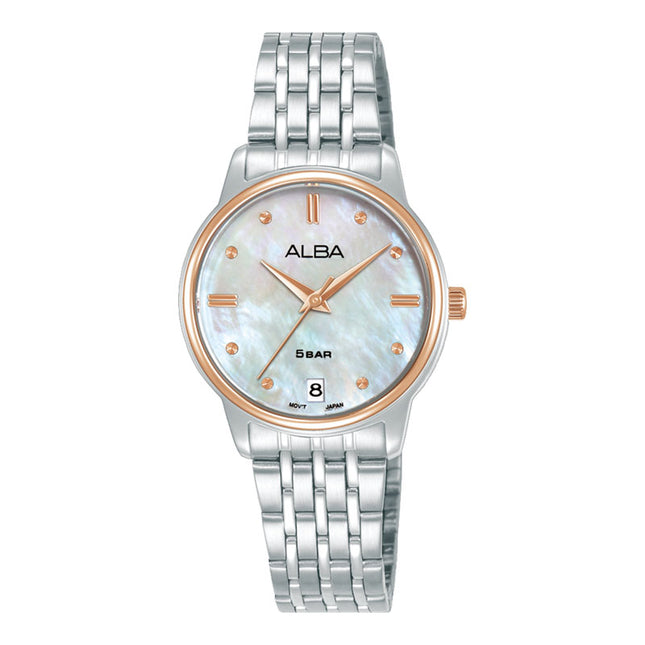 Alba Fashion AG8Q74X1 Ladies Analog White Mother of Pearl Dial Stainless Steel Strap