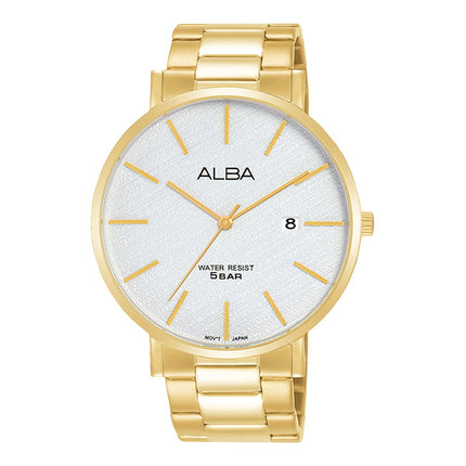Alba Prestige AS9K08X1 Men White Pattern Dial Gold Stainless Steel Strap
