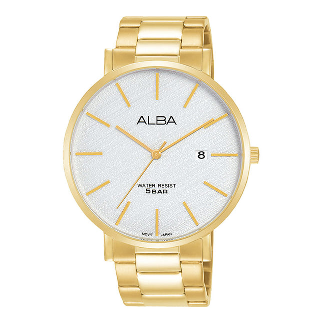 Alba Prestige AS9K08X1 Men White Pattern Dial Gold Stainless Steel Strap