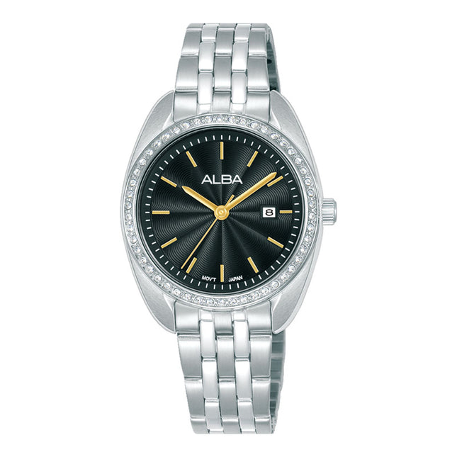 Alba Fashion AH7EV1X1 Ladies Analog Black Dial Stainless Steel Strap