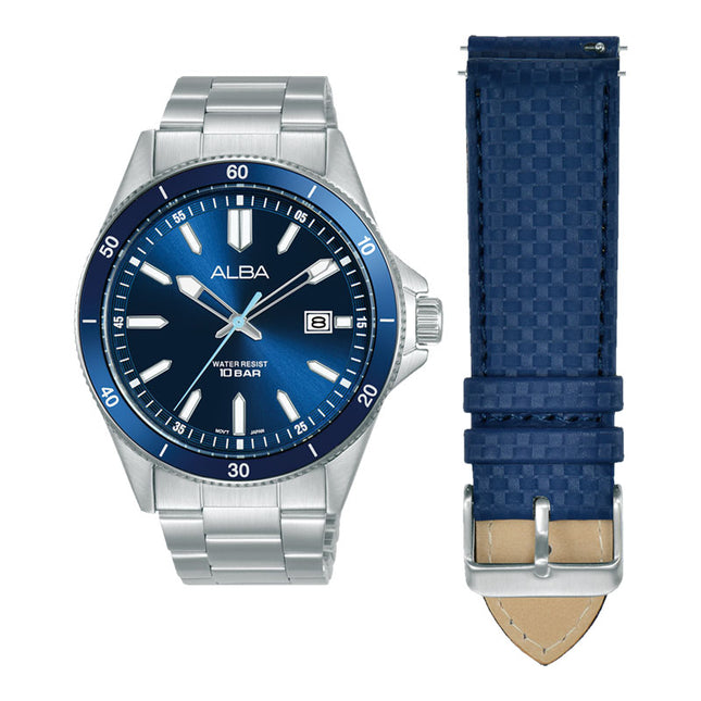Alba Active AS9V35X2 Men Blue Dial Stainless Steel Strap + Extra Strap