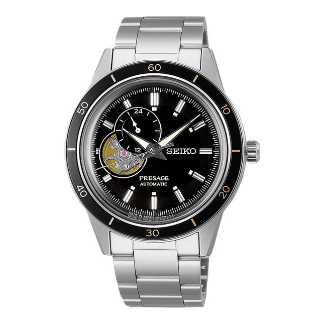 Seiko Presage SSA425J1 Style60s Automatic Open Heart Black Dial Stainless Steel Strap